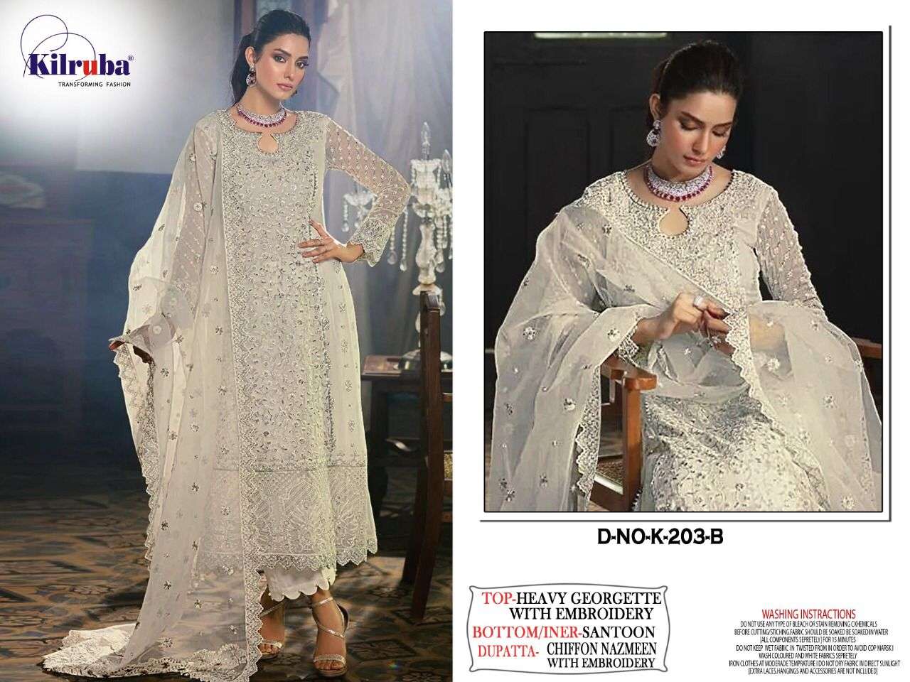 KILRUBA HIT DESIGN K-203 COLOURS BY KILRUBA K-203 TO K-203-C SERIES DESIGNER FESTIVE PAKISTANI SUITS COLLECTION BEAUTIFUL STYLISH FANCY COLORFUL PARTY WEAR & OCCASIONAL WEAR GEORGETTE EMBROIDERED DRESSES AT WHOLESALE PRICE
