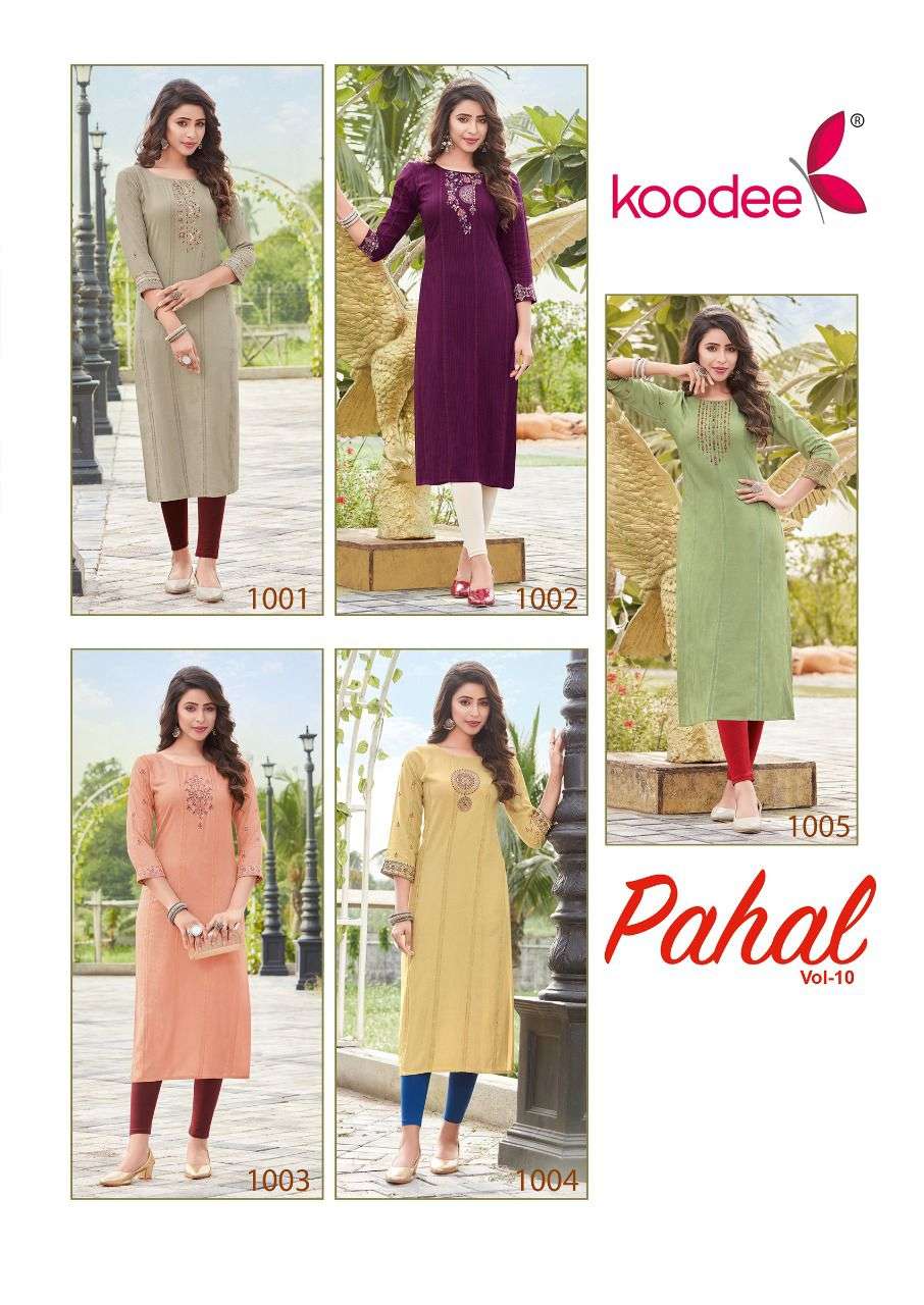 PAHAL VOL-10 BY KOODEE 1001 TO 1005 SERIES STYLISH FANCY BEAUTIFUL COLORFUL CASUAL WEAR & ETHNIC WEAR VISCOSE KURTIS AT WHOLESALE PRICE