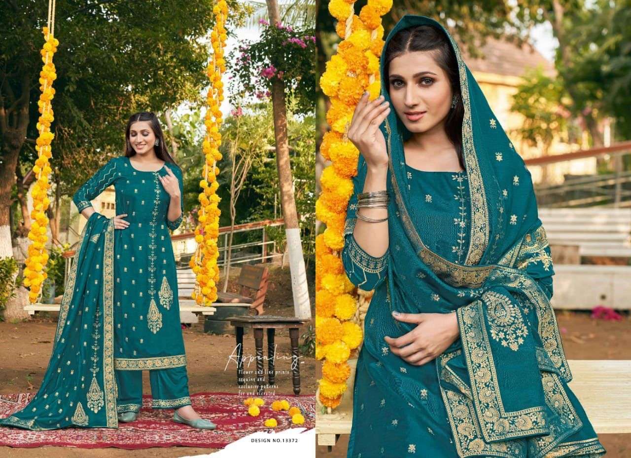 LAAVANYA BY KALAROOP 13372 TO 13375 SERIES BEAUTIFUL SUITS COLORFUL STYLISH FANCY CASUAL WEAR & ETHNIC WEAR PURE JACQUARD DRESSES AT WHOLESALE PRICE