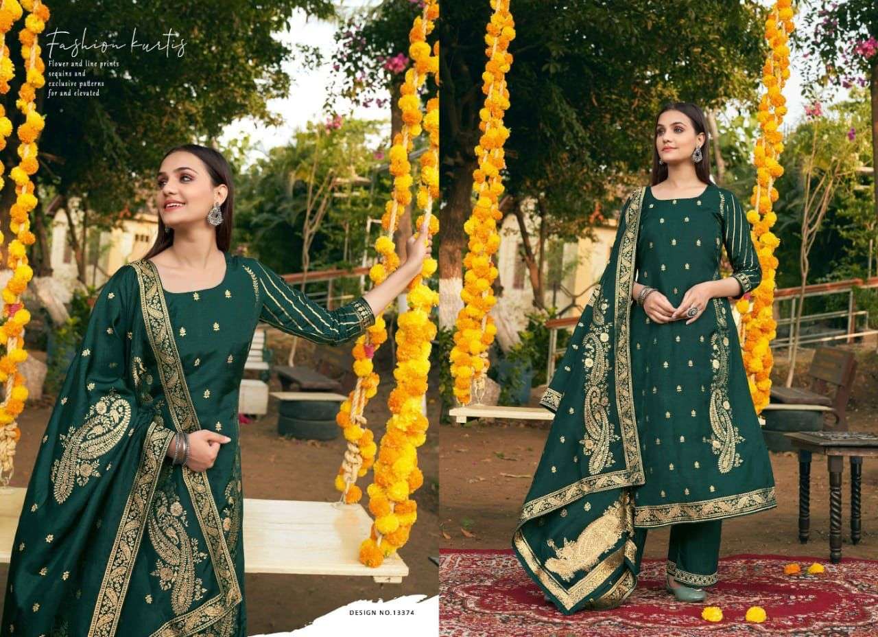 LAAVANYA BY KALAROOP 13372 TO 13375 SERIES BEAUTIFUL SUITS COLORFUL STYLISH FANCY CASUAL WEAR & ETHNIC WEAR PURE JACQUARD DRESSES AT WHOLESALE PRICE