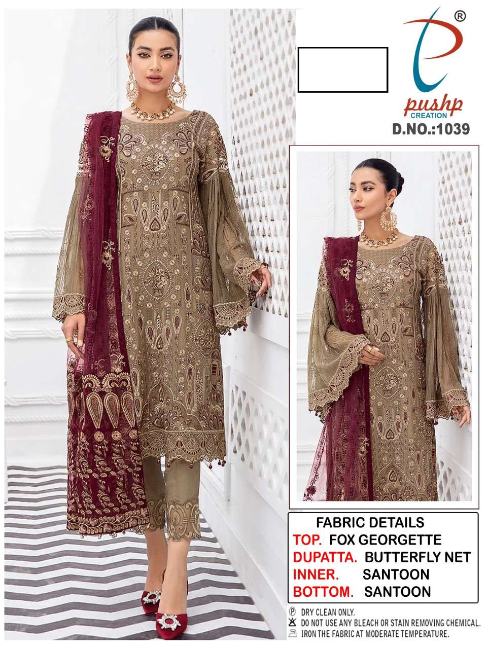 PUSHP HIT DESIGN 1039 BY PUSHP CREATION DESIGNER PAKISTANI SUITS BEAUTIFUL STYLISH FANCY COLORFUL PARTY WEAR & OCCASIONAL WEAR FAUX GEORGETTE EMBROIDERED DRESSES AT WHOLESALE PRICE
