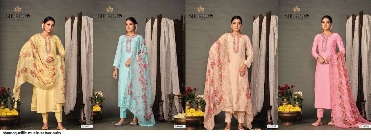 MILLIE BY SHUROOQ 10093 TO 10096 SERIES BEAUTIFUL SUITS COLORFUL STYLISH FANCY CASUAL WEAR & ETHNIC WEAR PURE MUSLIN DRESSES AT WHOLESALE PRICE