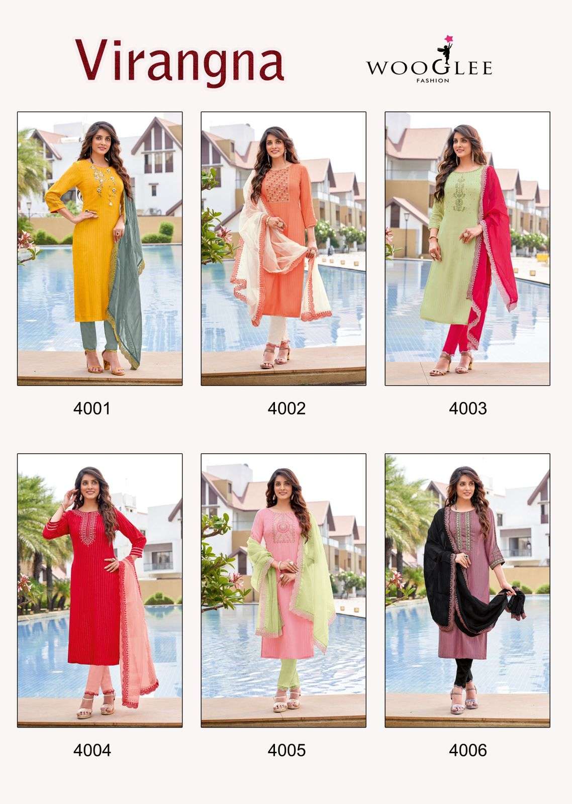 VIRANGNA BY WOOGLEE 4001 TO 4006 SERIES BEAUTIFUL SUITS COLORFUL STYLISH FANCY CASUAL WEAR & ETHNIC WEAR RAYON DRESSES AT WHOLESALE PRICE