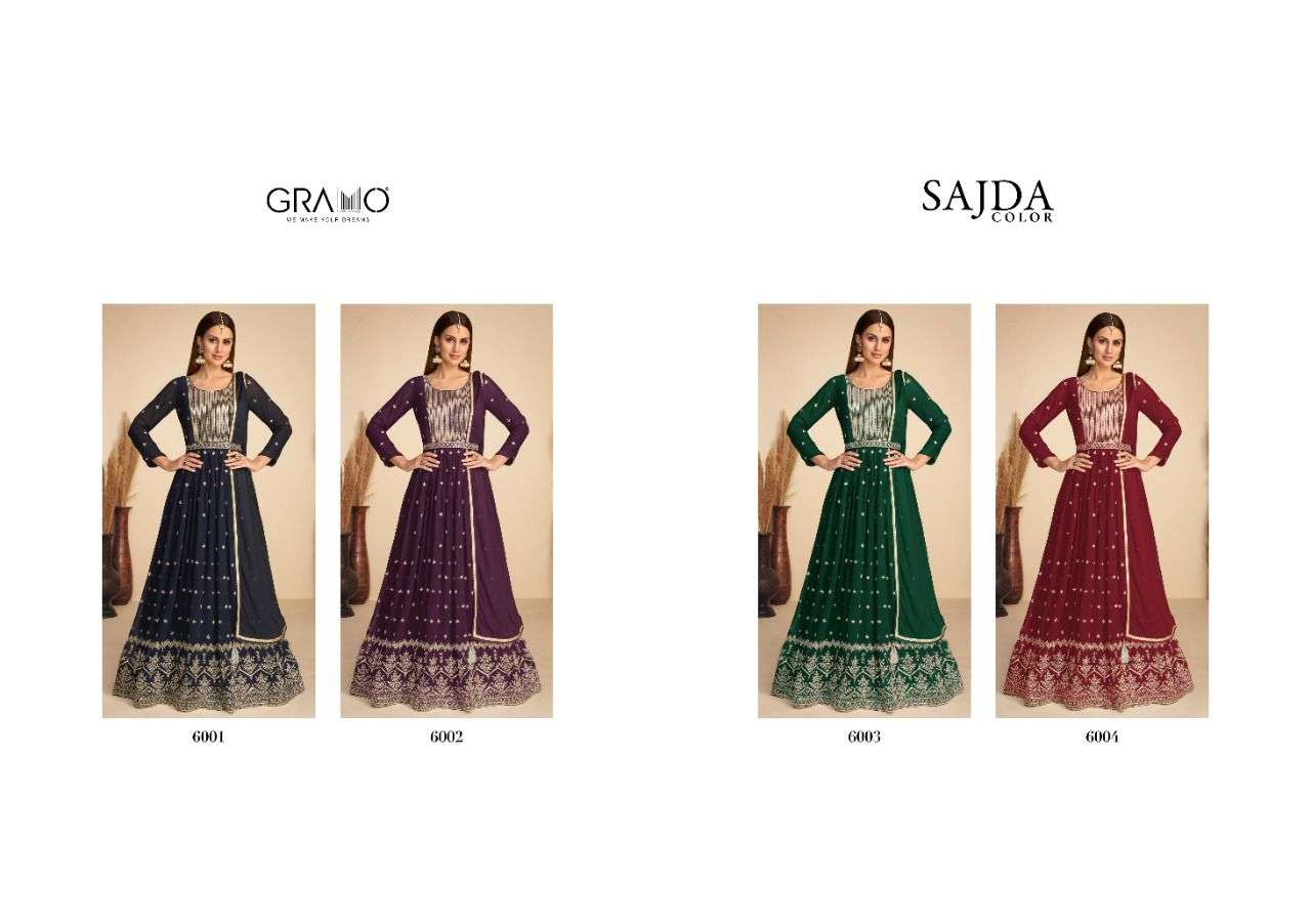 SAJDA COLOR BY GRAMO 6001 TO 6004 SERIES BEAUTIFUL ANARKALI SUITS COLORFUL STYLISH FANCY CASUAL WEAR & ETHNIC WEAR GEORGETTE DRESSES AT WHOLESALE PRICE