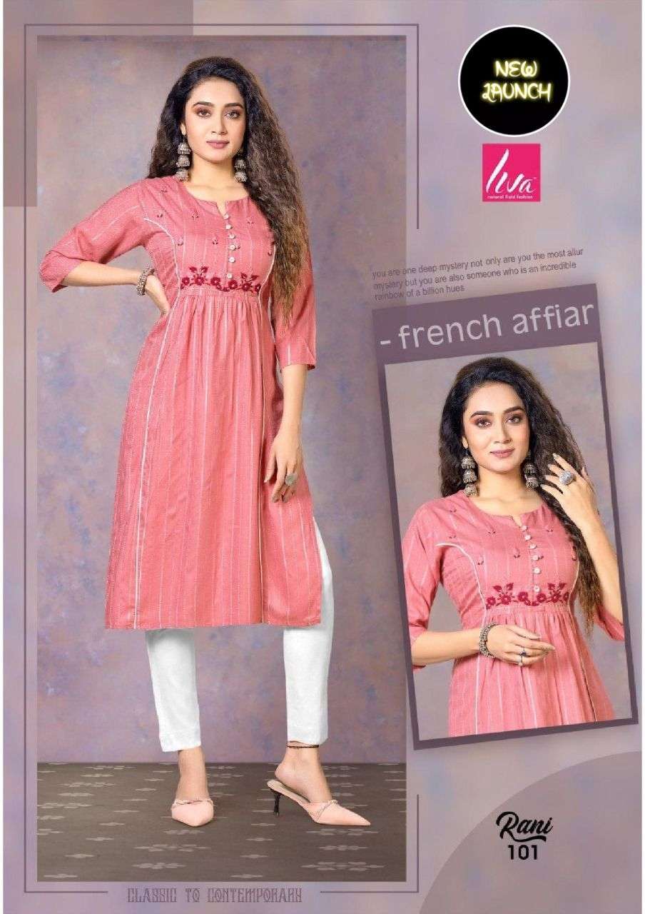 RANI BY LIVA 101 TO 108 SERIES DESIGNER STYLISH FANCY COLORFUL BEAUTIFUL PARTY WEAR & ETHNIC WEAR COLLECTION PURE RAYON KURTIS AT WHOLESALE PRICE