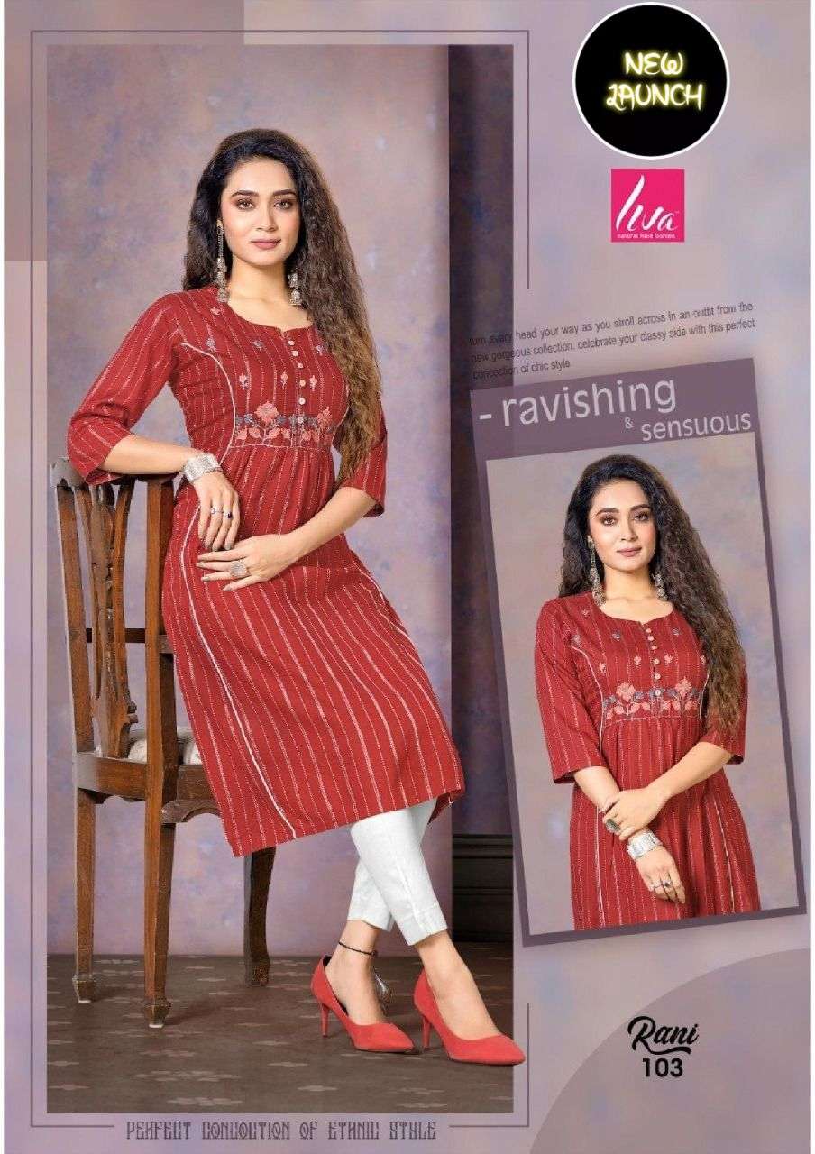 RANI BY LIVA 101 TO 108 SERIES DESIGNER STYLISH FANCY COLORFUL BEAUTIFUL PARTY WEAR & ETHNIC WEAR COLLECTION PURE RAYON KURTIS AT WHOLESALE PRICE