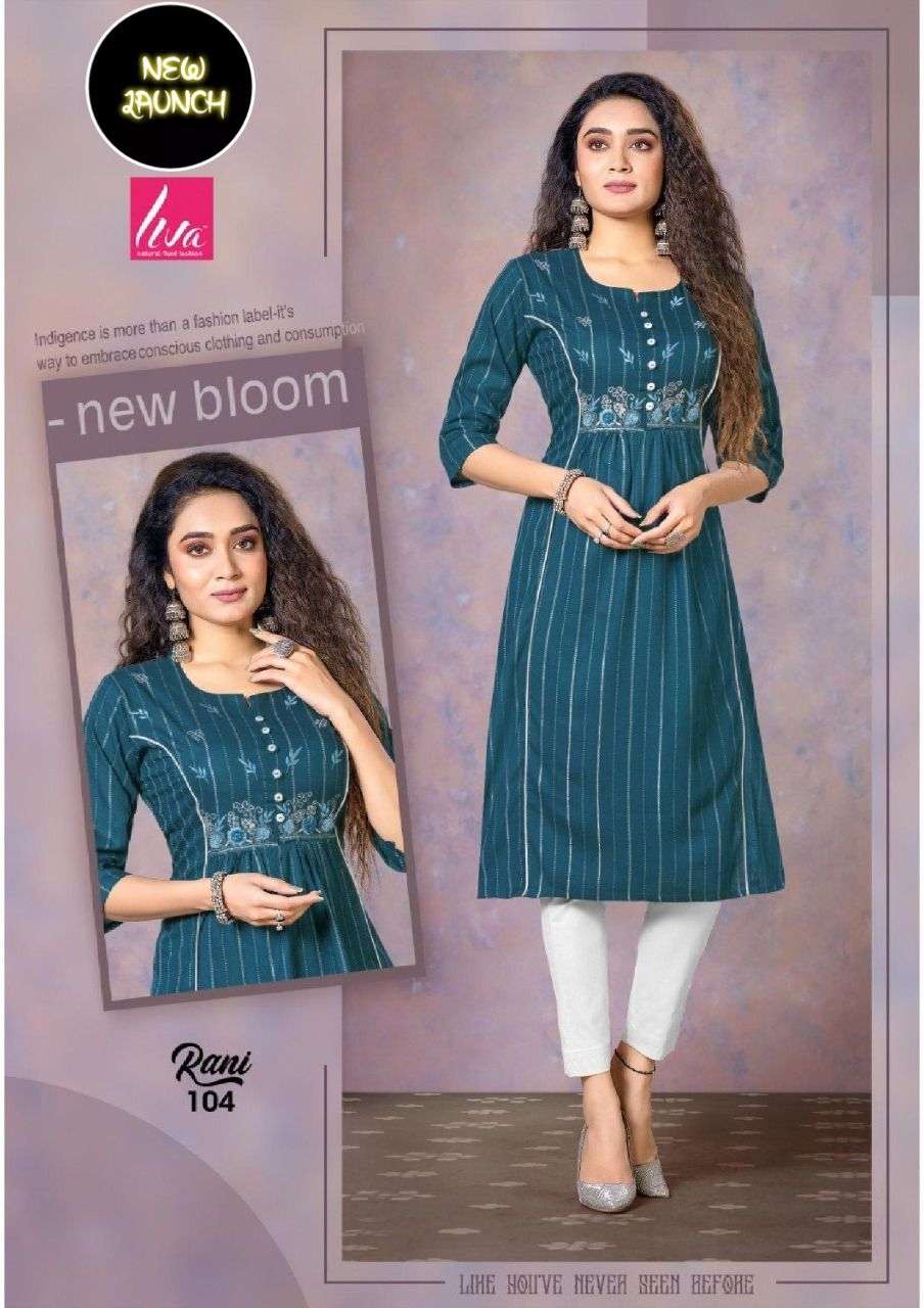 RANI BY LIVA 101 TO 108 SERIES DESIGNER STYLISH FANCY COLORFUL BEAUTIFUL PARTY WEAR & ETHNIC WEAR COLLECTION PURE RAYON KURTIS AT WHOLESALE PRICE