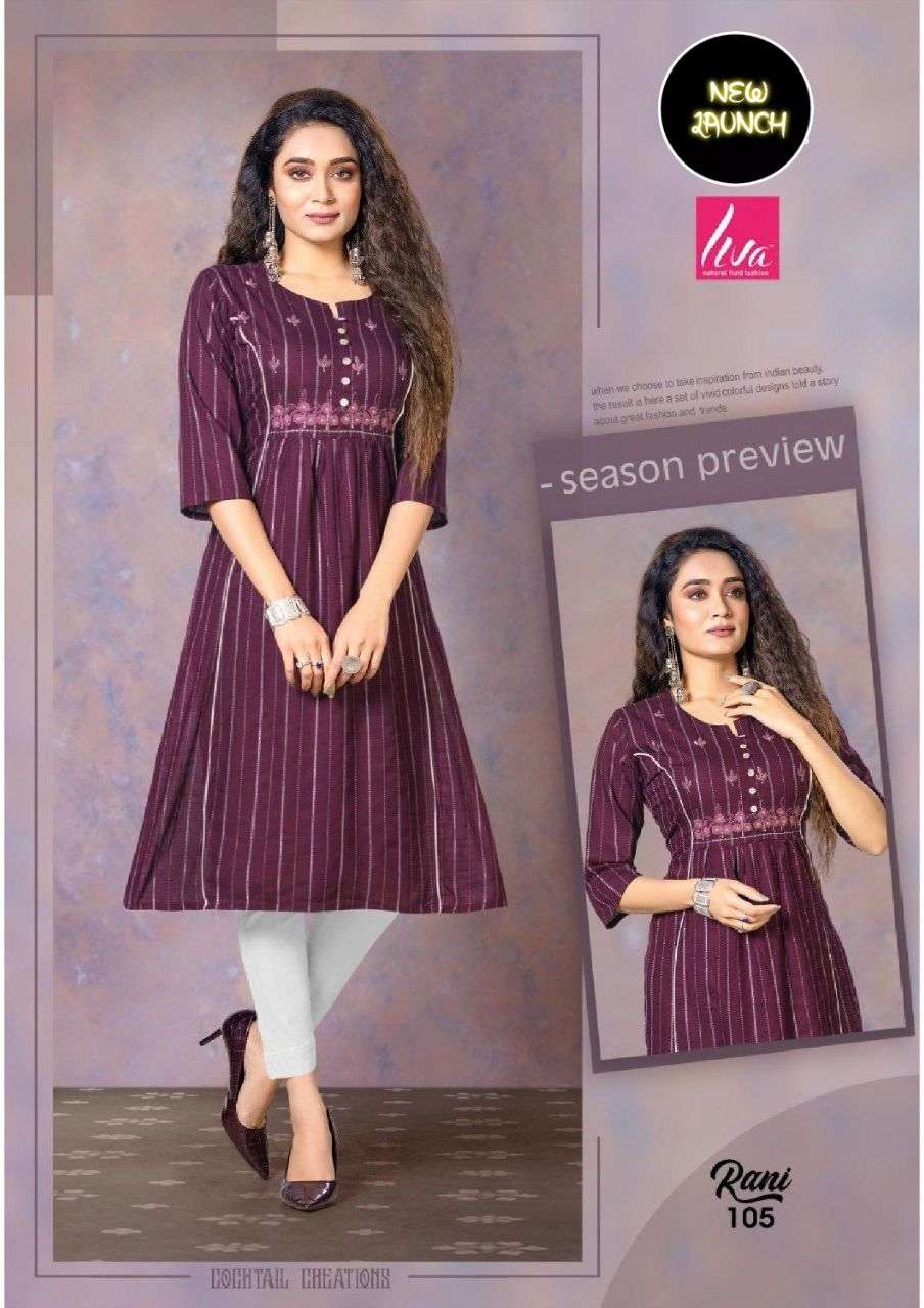 RANI BY LIVA 101 TO 108 SERIES DESIGNER STYLISH FANCY COLORFUL BEAUTIFUL PARTY WEAR & ETHNIC WEAR COLLECTION PURE RAYON KURTIS AT WHOLESALE PRICE