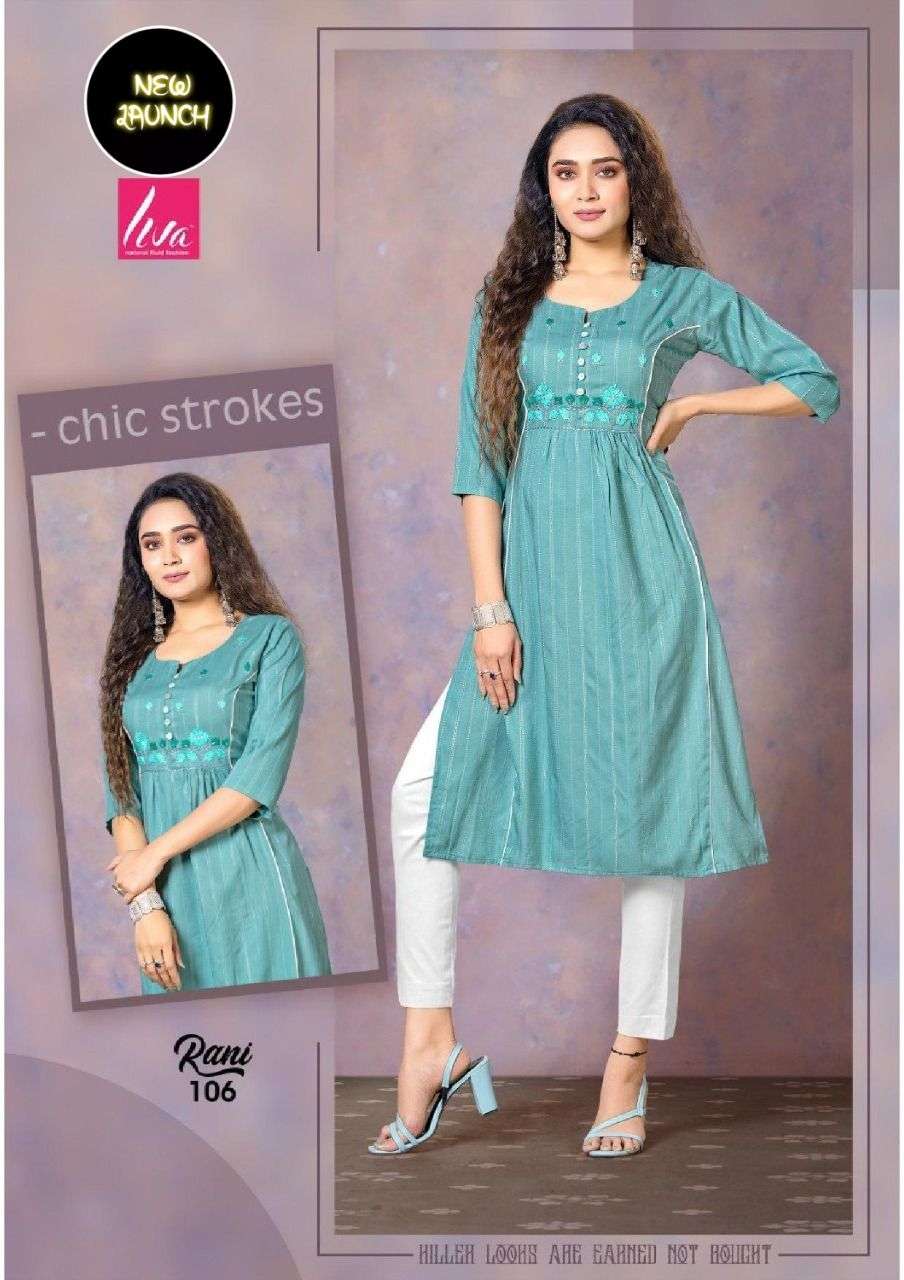 RANI BY LIVA 101 TO 108 SERIES DESIGNER STYLISH FANCY COLORFUL BEAUTIFUL PARTY WEAR & ETHNIC WEAR COLLECTION PURE RAYON KURTIS AT WHOLESALE PRICE