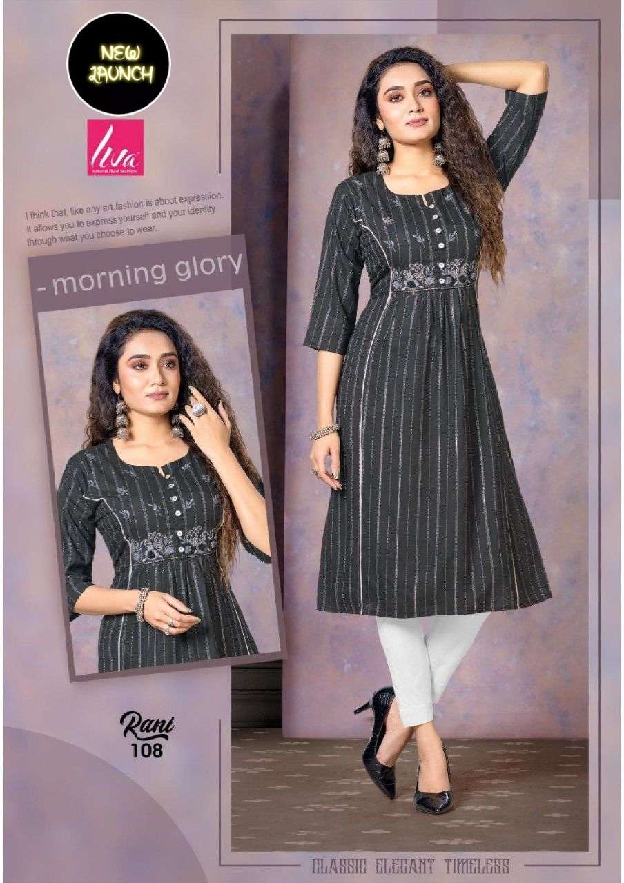 RANI BY LIVA 101 TO 108 SERIES DESIGNER STYLISH FANCY COLORFUL BEAUTIFUL PARTY WEAR & ETHNIC WEAR COLLECTION PURE RAYON KURTIS AT WHOLESALE PRICE