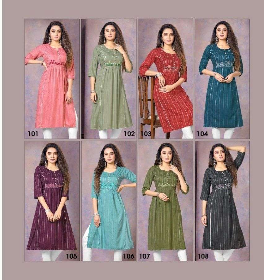 RANI BY LIVA 101 TO 108 SERIES DESIGNER STYLISH FANCY COLORFUL BEAUTIFUL PARTY WEAR & ETHNIC WEAR COLLECTION PURE RAYON KURTIS AT WHOLESALE PRICE