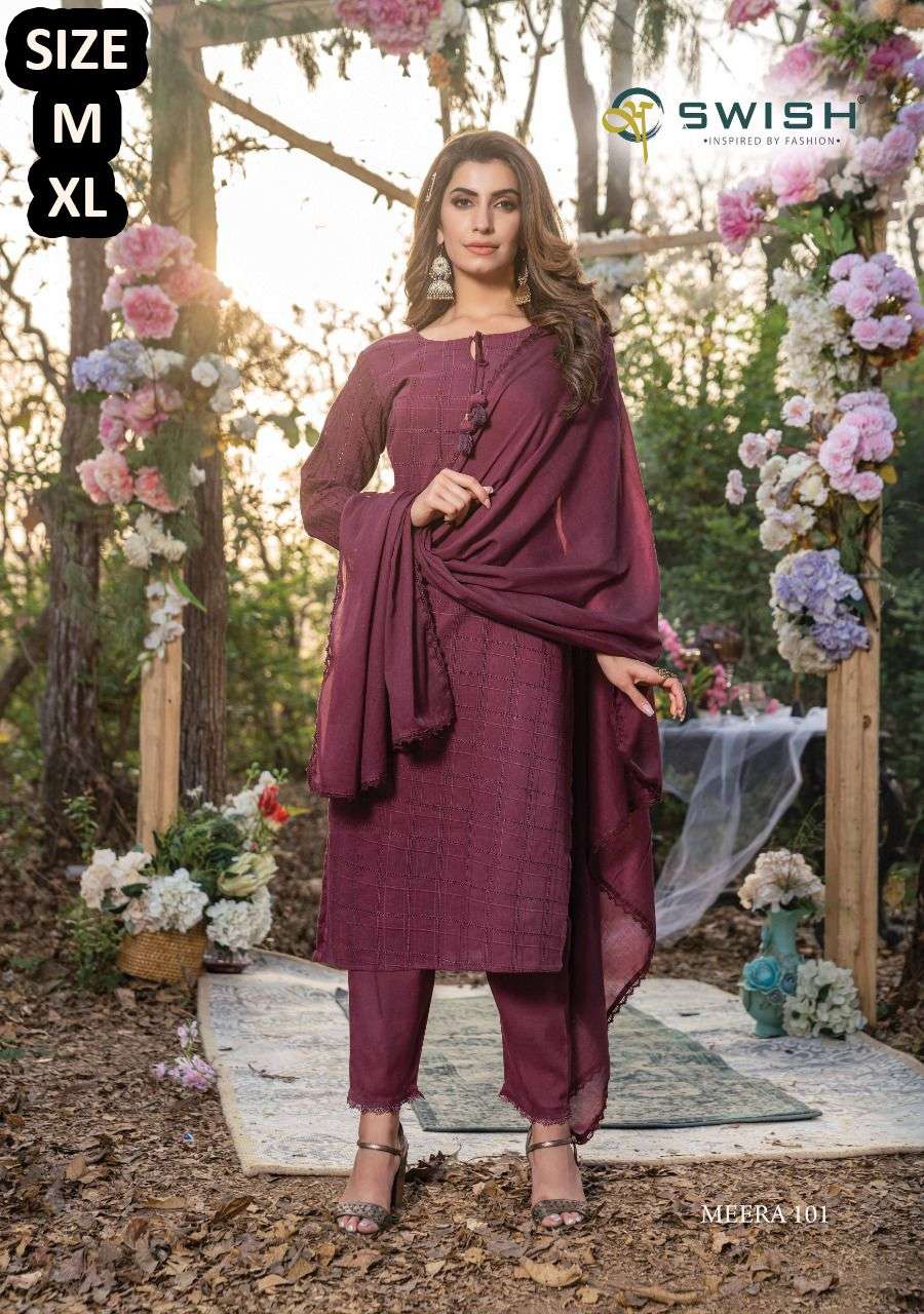 MEERA BY SWISH 101 TO 105 SERIES BEAUTIFUL SUITS COLORFUL STYLISH FANCY CASUAL WEAR & ETHNIC WEAR PURE COTTON DRESSES AT WHOLESALE PRICE