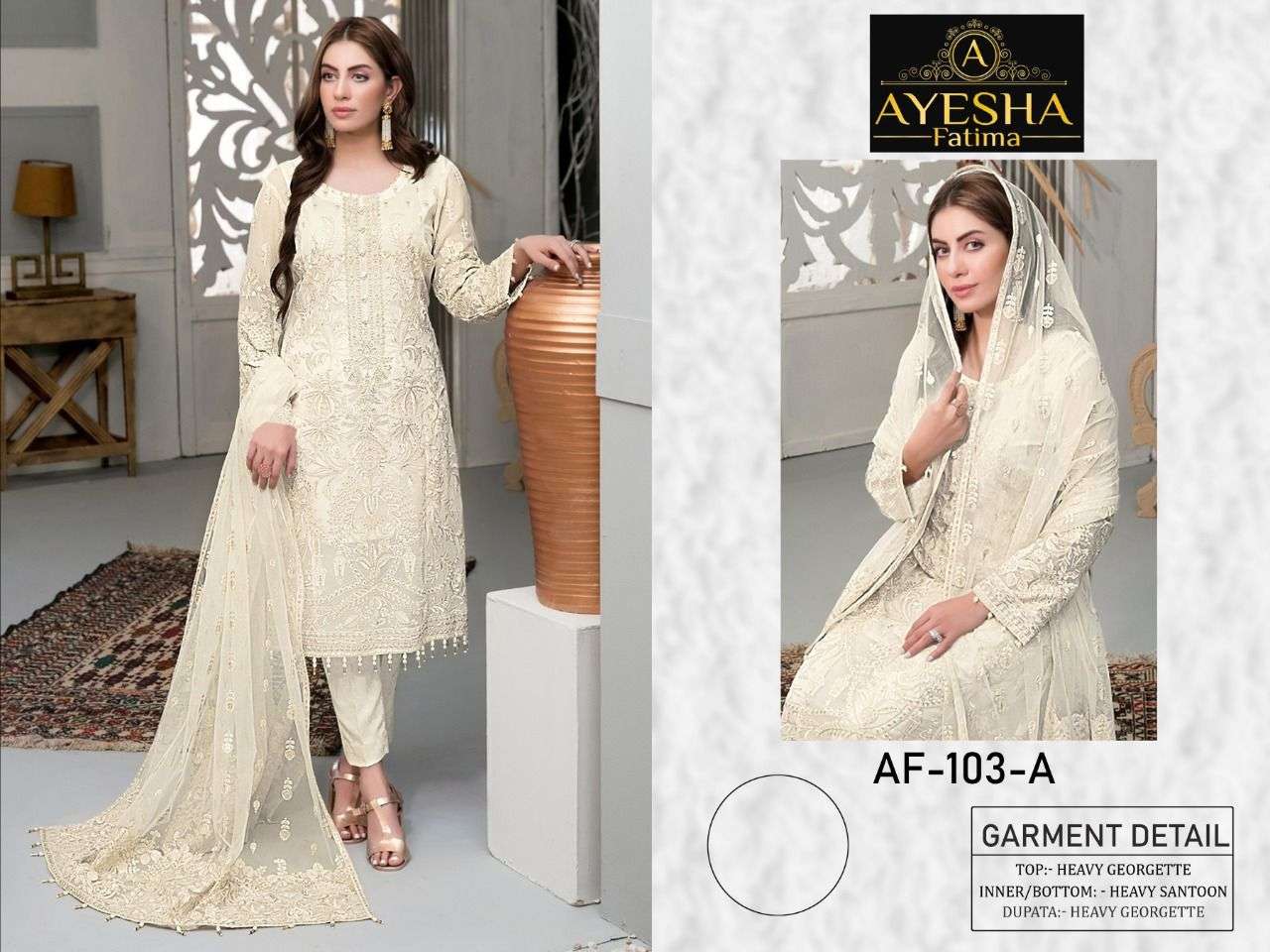 AF-103 COLOURS BY AYESHA FATIMA 103-A TO 103-C SERIES BEAUTIFUL PAKISTANI SUITS COLORFUL STYLISH FANCY CASUAL WEAR & ETHNIC WEAR HEAVY GEORGETTE DRESSES AT WHOLESALE PRICE