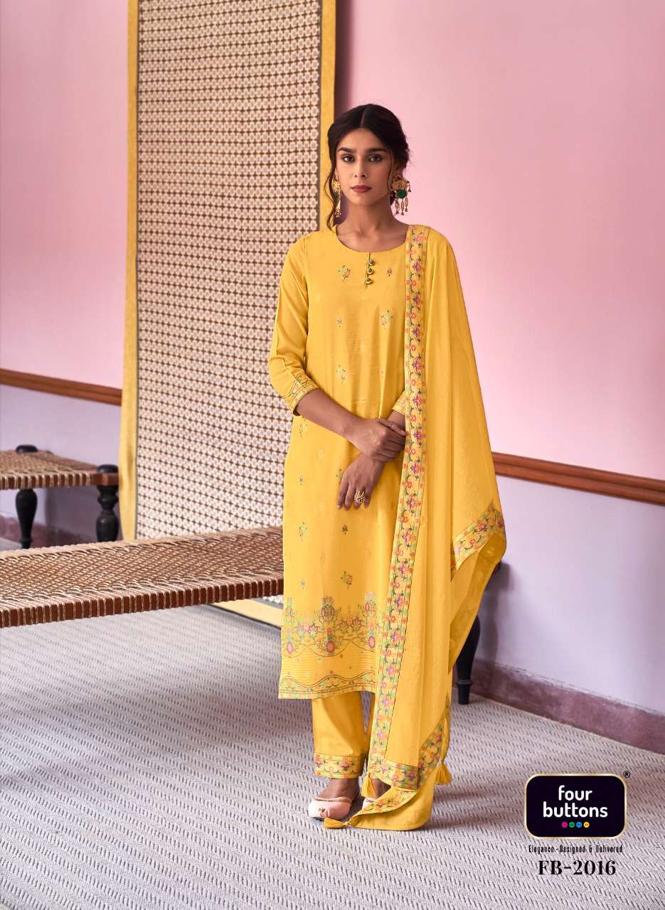 RESHAM BY FOUR BUTTONS 2011 TO 2016 SERIES BEAUTIFUL SUITS COLORFUL STYLISH FANCY CASUAL WEAR & ETHNIC WEAR PURE COTTON JACQUARD DRESSES AT WHOLESALE PRICE