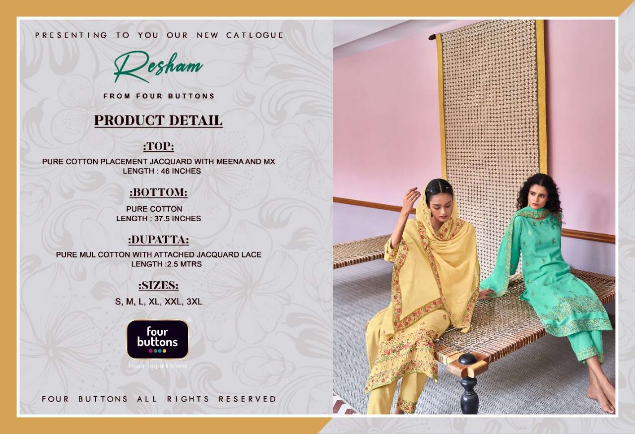 RESHAM BY FOUR BUTTONS 2011 TO 2016 SERIES BEAUTIFUL SUITS COLORFUL STYLISH FANCY CASUAL WEAR & ETHNIC WEAR PURE COTTON JACQUARD DRESSES AT WHOLESALE PRICE