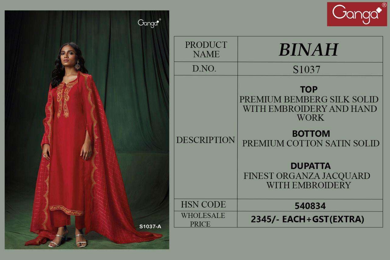 Binah-1037 By Ganga Fashion 1037-A To 1037-C Series Beautiful Suits Colorful Stylish Fancy Casual Wear & Ethnic Wear Premium Bemberg Silk Embroidery Work Dresses At Wholesale Price