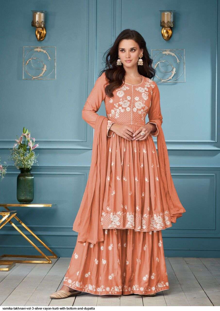 Lakhnavi Vol-3 Silver By Vamika 1018-I To 1018-M Series Beautiful Sharara Suits Colorful Stylish Fancy Casual Wear & Ethnic Wear Rayon Dresses At Wholesale Price