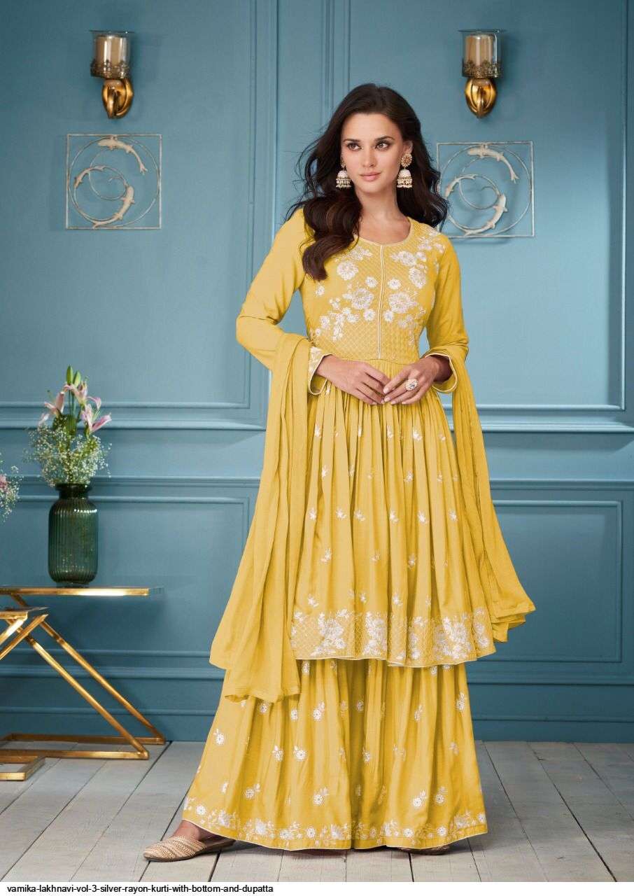 Lakhnavi Vol-3 Silver By Vamika 1018-I To 1018-M Series Beautiful Sharara Suits Colorful Stylish Fancy Casual Wear & Ethnic Wear Rayon Dresses At Wholesale Price