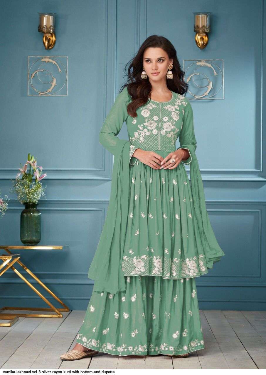 Lakhnavi Vol-3 Silver By Vamika 1018-I To 1018-M Series Beautiful Sharara Suits Colorful Stylish Fancy Casual Wear & Ethnic Wear Rayon Dresses At Wholesale Price
