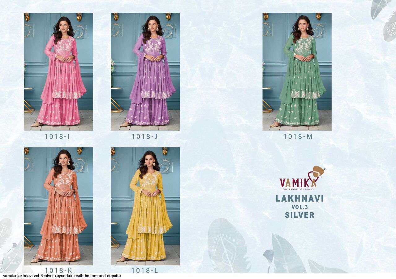 Lakhnavi Vol-3 Silver By Vamika 1018-I To 1018-M Series Beautiful Sharara Suits Colorful Stylish Fancy Casual Wear & Ethnic Wear Rayon Dresses At Wholesale Price