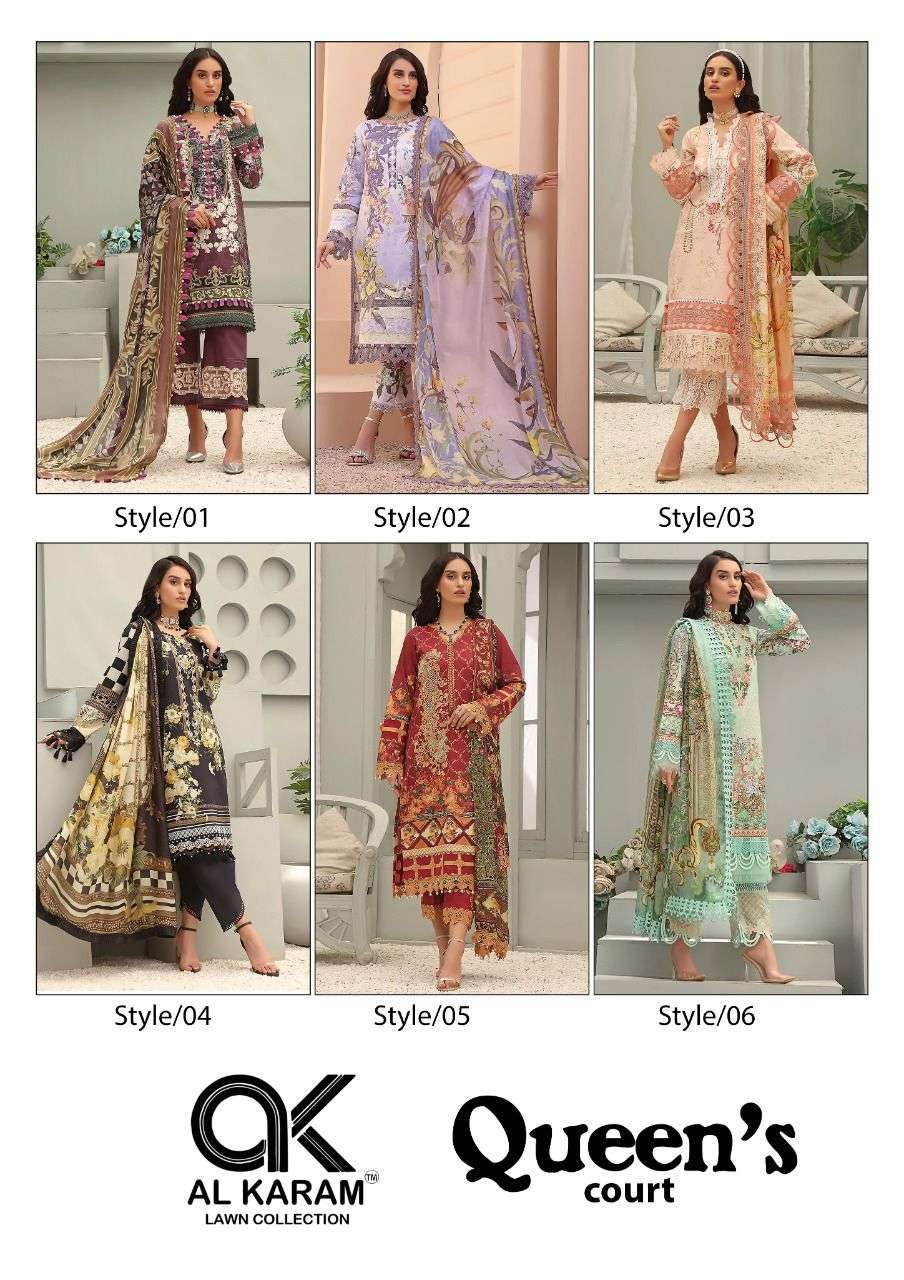 QUEENS COURT BY AL KARAM LAWN COLLECTION 01 TO 06 SERIES BEAUTIFUL STYLISH SUITS FANCY COLORFUL CASUAL WEAR & ETHNIC WEAR & READY TO WEAR PURE CAMBRIC DRESSES AT WHOLESALE PRICE