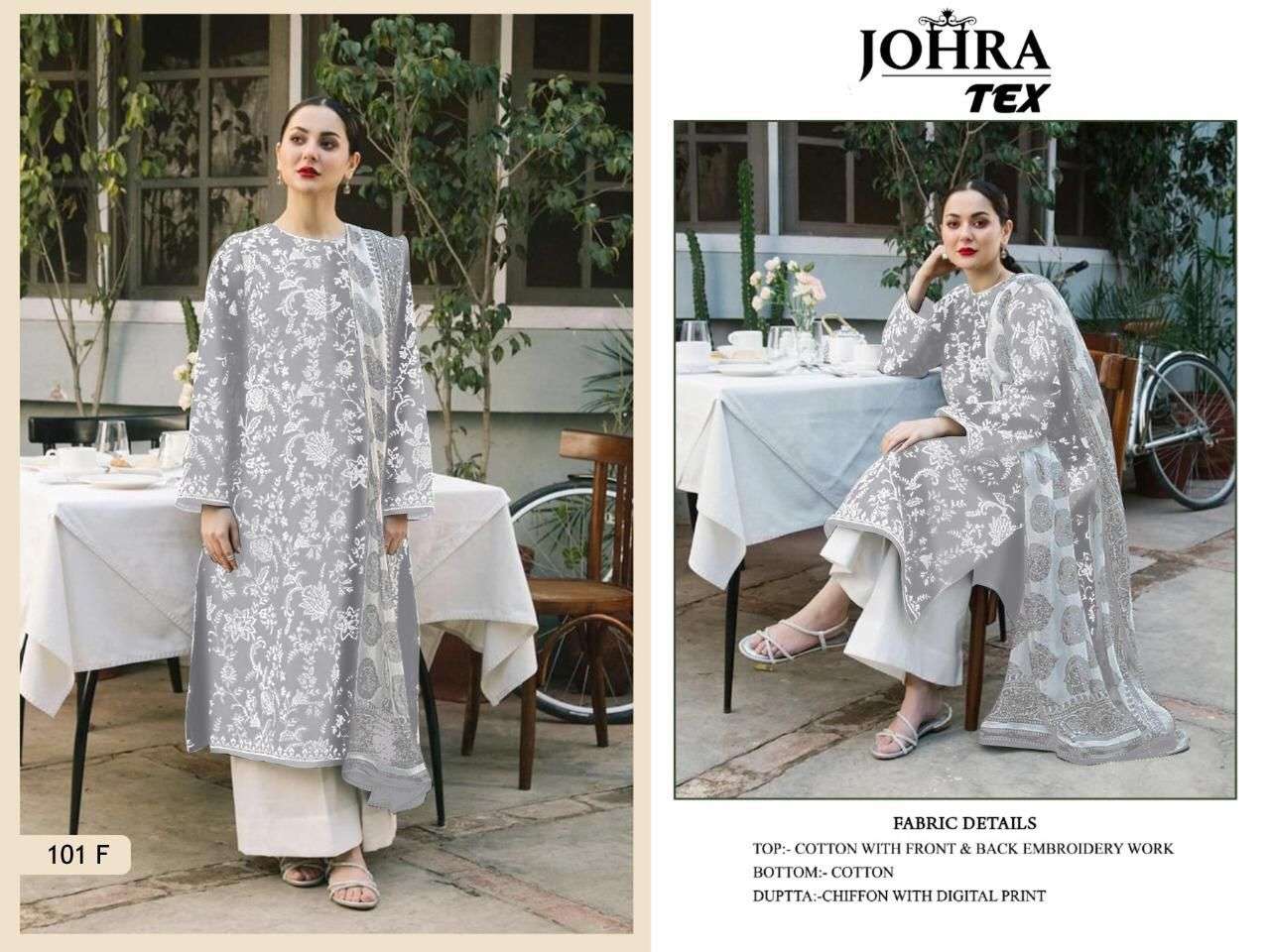 JOHRA HIT DESIGN 101 COLOURS BY JOHRA TEX DESIGNER PAKISTANI SUITS BEAUTIFUL STYLISH FANCY COLORFUL PARTY WEAR & OCCASIONAL WEAR COTTON EMBROIDERED DRESSES AT WHOLESALE PRICE