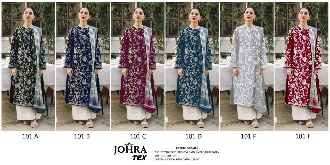 JOHRA HIT DESIGN 101 COLOURS BY JOHRA TEX DESIGNER PAKISTANI SUITS BEAUTIFUL STYLISH FANCY COLORFUL PARTY WEAR & OCCASIONAL WEAR COTTON EMBROIDERED DRESSES AT WHOLESALE PRICE