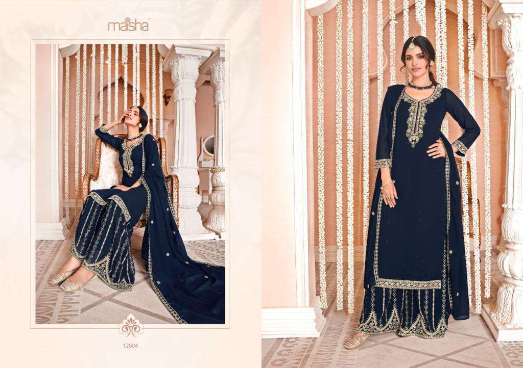 NAZMI BY MAISHA 12001 TO 12006 SERIES BEAUTIFUL SHARARA SUITS COLORFUL STYLISH FANCY CASUAL WEAR & ETHNIC WEAR PURE GEORGETTE DRESSES AT WHOLESALE PRICE