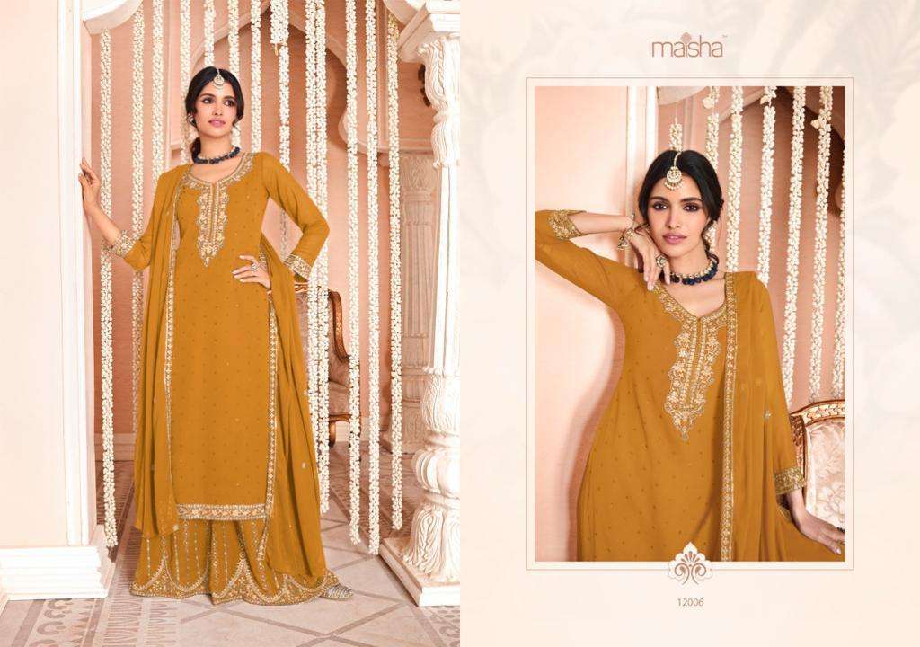 NAZMI BY MAISHA 12001 TO 12006 SERIES BEAUTIFUL SHARARA SUITS COLORFUL STYLISH FANCY CASUAL WEAR & ETHNIC WEAR PURE GEORGETTE DRESSES AT WHOLESALE PRICE
