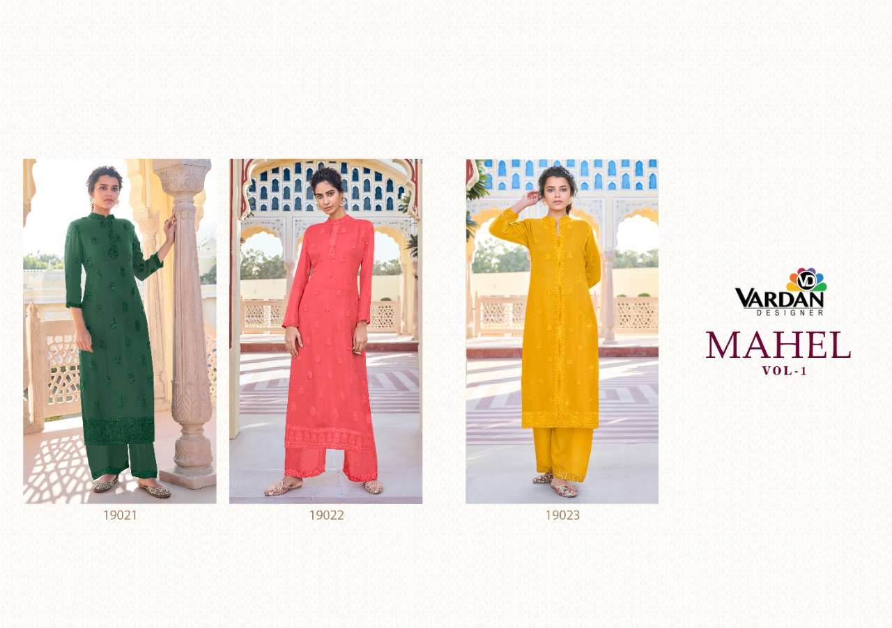 Mahel Vol-1 By Vardan Designer 19021 To 19023 Series Designer Stylish Fancy Colorful Beautiful Party Wear & Ethnic Wear Collection Faux Georgette Kurtis With Bottom At Wholesale Price