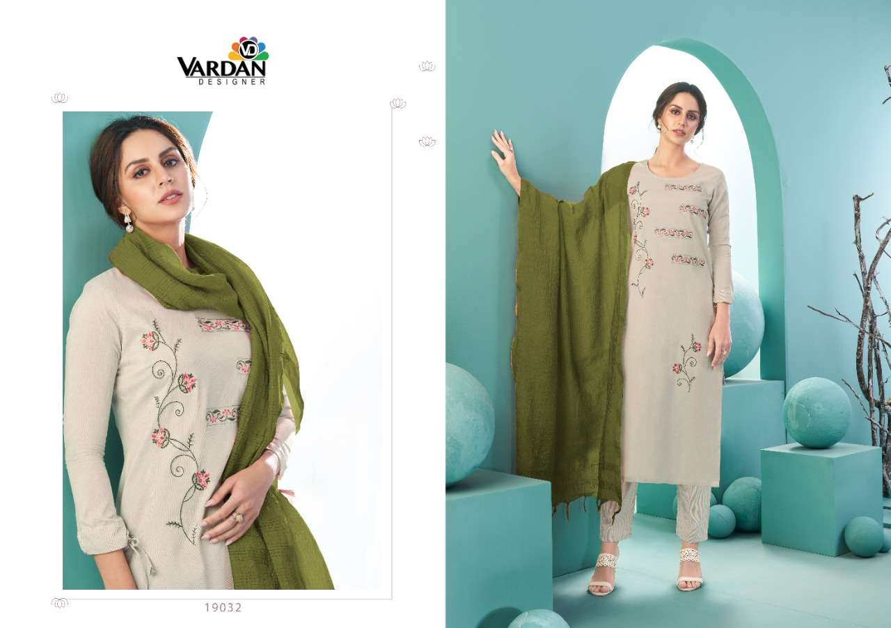 Radhika Vol-3 By Vardan Designer 19031 To 19033 Series Beautiful Suits Colorful Stylish Fancy Casual Wear & Ethnic Wear Cotton Embroidered Dresses At Wholesale Price