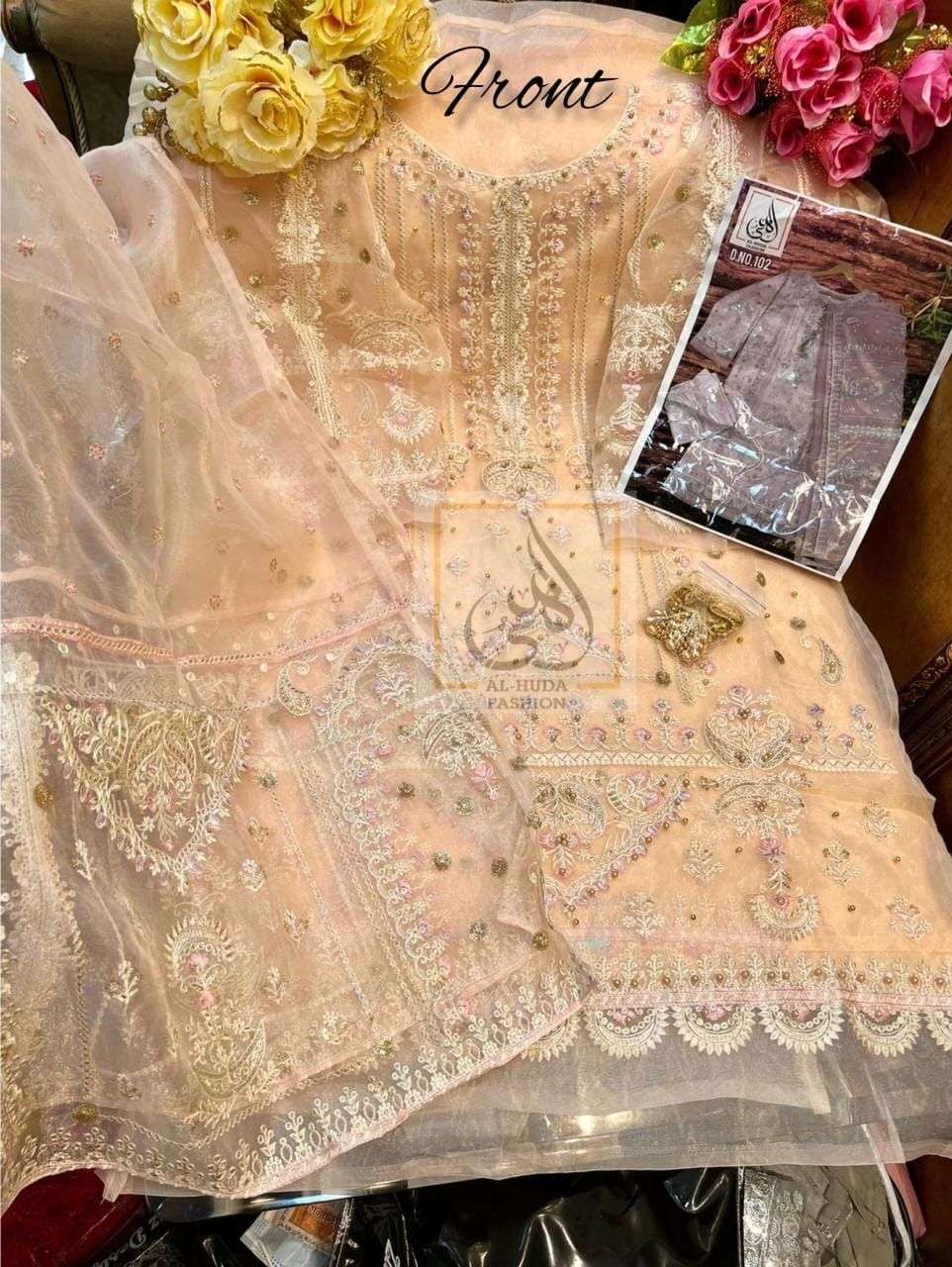 AL-HUDA HIT DESIGN 102 BY AL-HUDA FASHION BEAUTIFUL PAKISTANI SUITS COLORFUL STYLISH FANCY CASUAL WEAR & ETHNIC WEAR ORGANZA EMBROIDERED DRESSES AT WHOLESALE PRICE