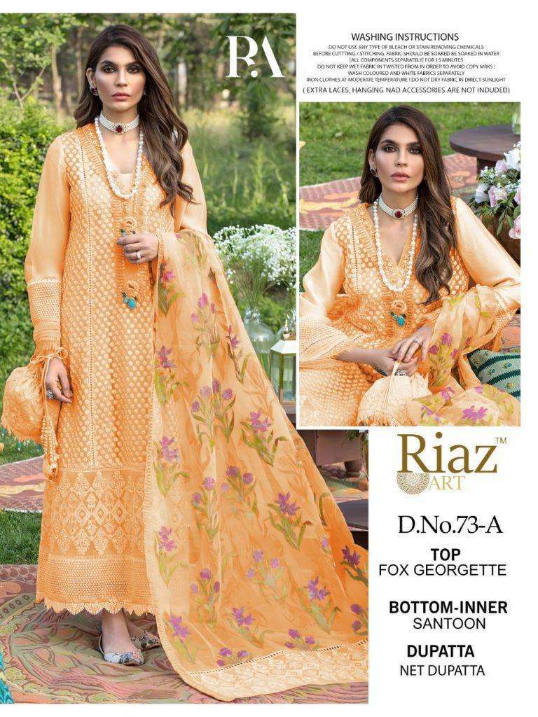 Riaz 73 Colours By Riaz Art 73-A To 73-C Series Beautiful Stylish Sharara Suits Fancy Colorful Casual Wear & Ethnic Wear & Ready To Wear Faux Georgette Embroidered Dresses At Wholesale Price