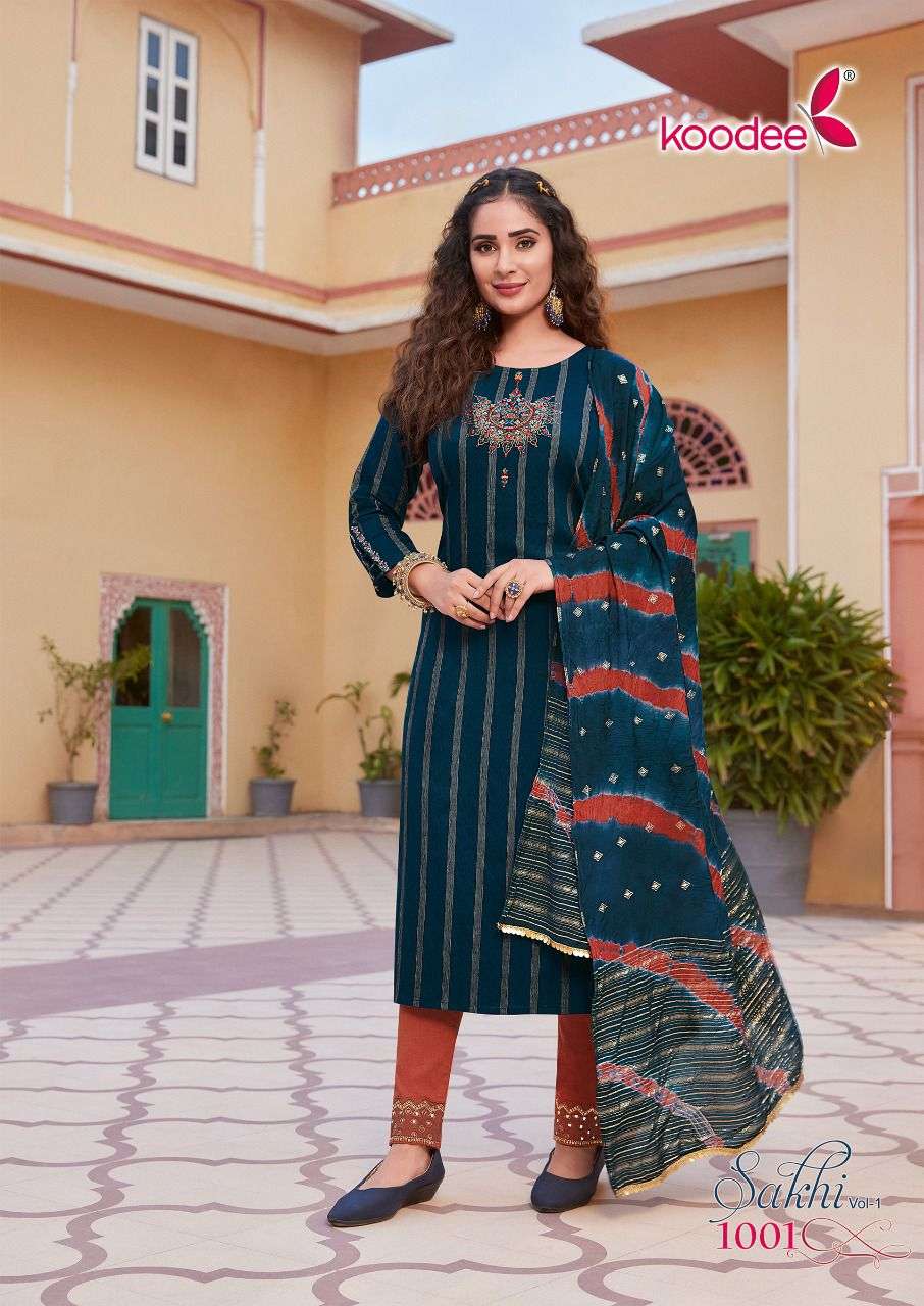 SAKHI VOL-1 BY KOODEE 1001 TO 1006 SERIES BEAUTIFUL SUITS COLORFUL STYLISH FANCY CASUAL WEAR & ETHNIC WEAR VISCOSE DRESSES AT WHOLESALE PRICE