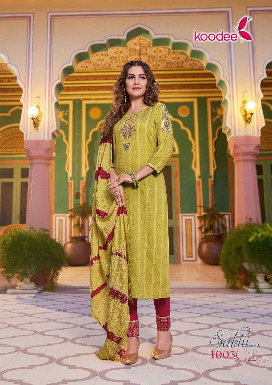 SAKHI VOL-1 BY KOODEE 1001 TO 1006 SERIES BEAUTIFUL SUITS COLORFUL STYLISH FANCY CASUAL WEAR & ETHNIC WEAR VISCOSE DRESSES AT WHOLESALE PRICE