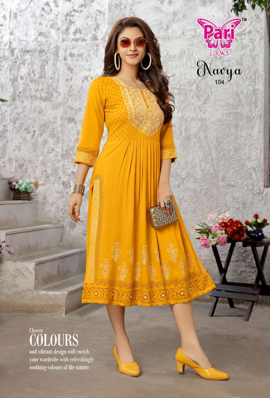 NAVYA BY PARI 101 TO 106 SERIES DESIGNER STYLISH FANCY COLORFUL BEAUTIFUL PARTY WEAR & ETHNIC WEAR COLLECTION PURE RAYON KURTIS AT WHOLESALE PRICE