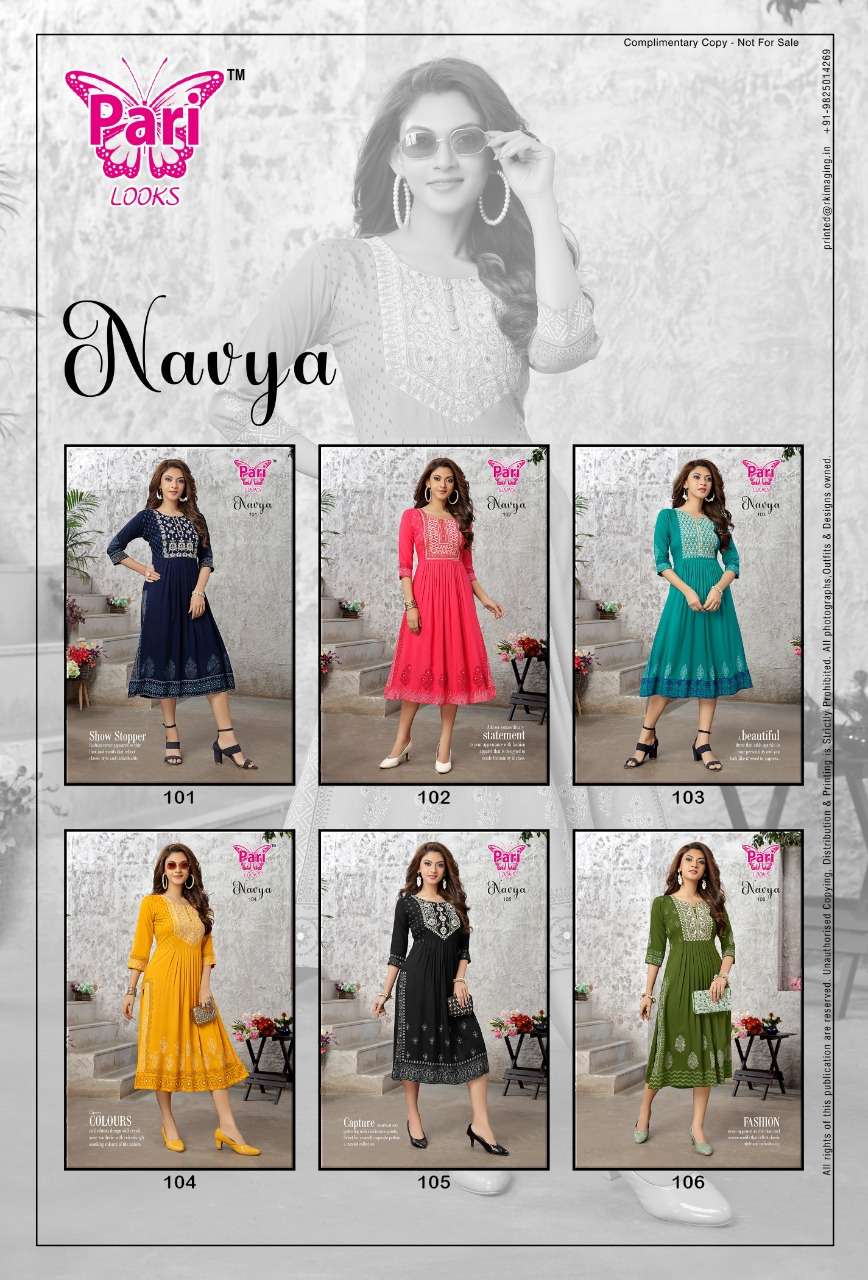 NAVYA BY PARI 101 TO 106 SERIES DESIGNER STYLISH FANCY COLORFUL BEAUTIFUL PARTY WEAR & ETHNIC WEAR COLLECTION PURE RAYON KURTIS AT WHOLESALE PRICE