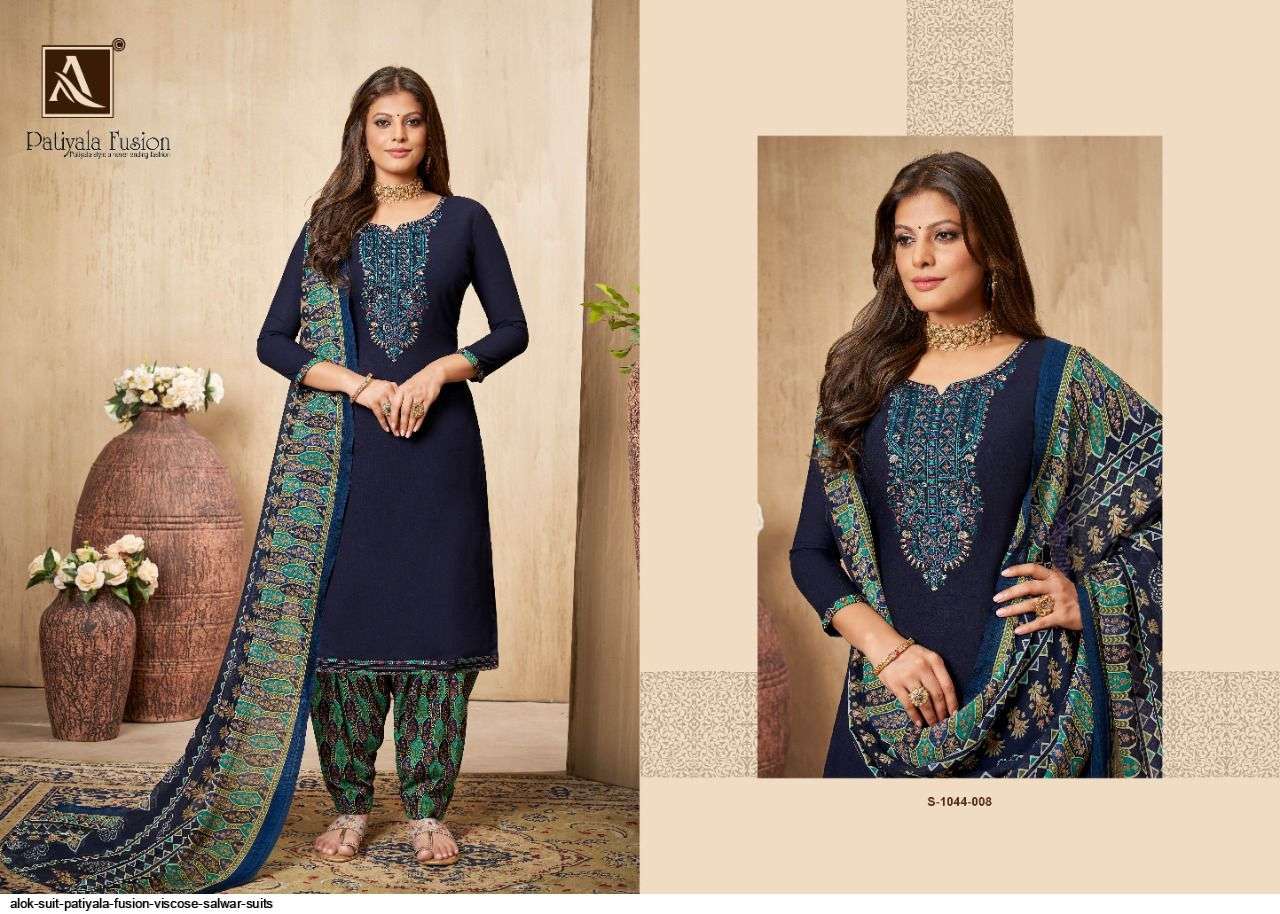 PATIYALA FUSION 1044 SERIES BY ALOK SUITS 1044-001 TO 1044-008 SERIES BEAUTIFUL STYLISH SUITS FANCY COLORFUL CASUAL WEAR & ETHNIC WEAR & READY TO WEAR PURE VISCOSE RAYON EMBROIDERED DRESSES AT WHOLESALE PRICE