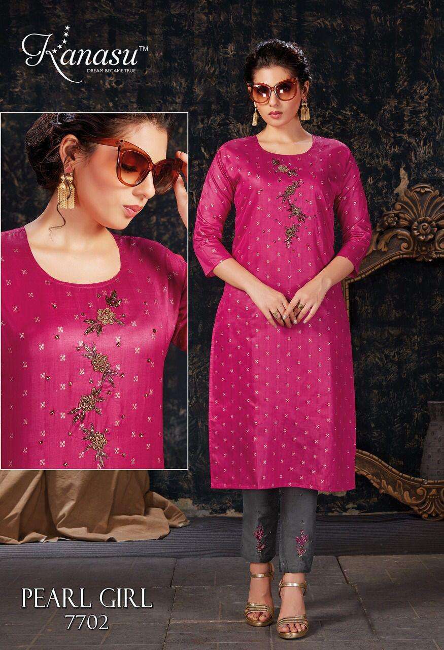 PEARL GIRL BY KANASU 7701 TO 7708 SERIES DESIGNER STYLISH FANCY COLORFUL BEAUTIFUL PARTY WEAR & ETHNIC WEAR COLLECTION CHANDERI SILK WITH WORK KURTIS WITH BOTTOM AT WHOLESALE PRICE