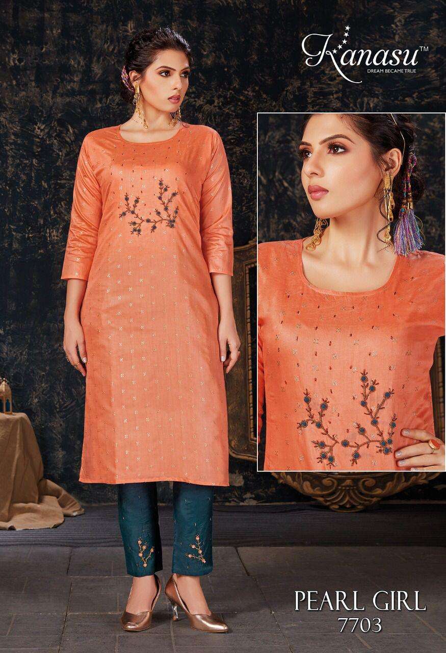 PEARL GIRL BY KANASU 7701 TO 7708 SERIES DESIGNER STYLISH FANCY COLORFUL BEAUTIFUL PARTY WEAR & ETHNIC WEAR COLLECTION CHANDERI SILK WITH WORK KURTIS WITH BOTTOM AT WHOLESALE PRICE