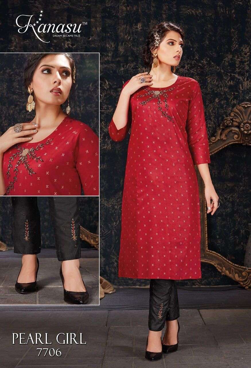 PEARL GIRL BY KANASU 7701 TO 7708 SERIES DESIGNER STYLISH FANCY COLORFUL BEAUTIFUL PARTY WEAR & ETHNIC WEAR COLLECTION CHANDERI SILK WITH WORK KURTIS WITH BOTTOM AT WHOLESALE PRICE