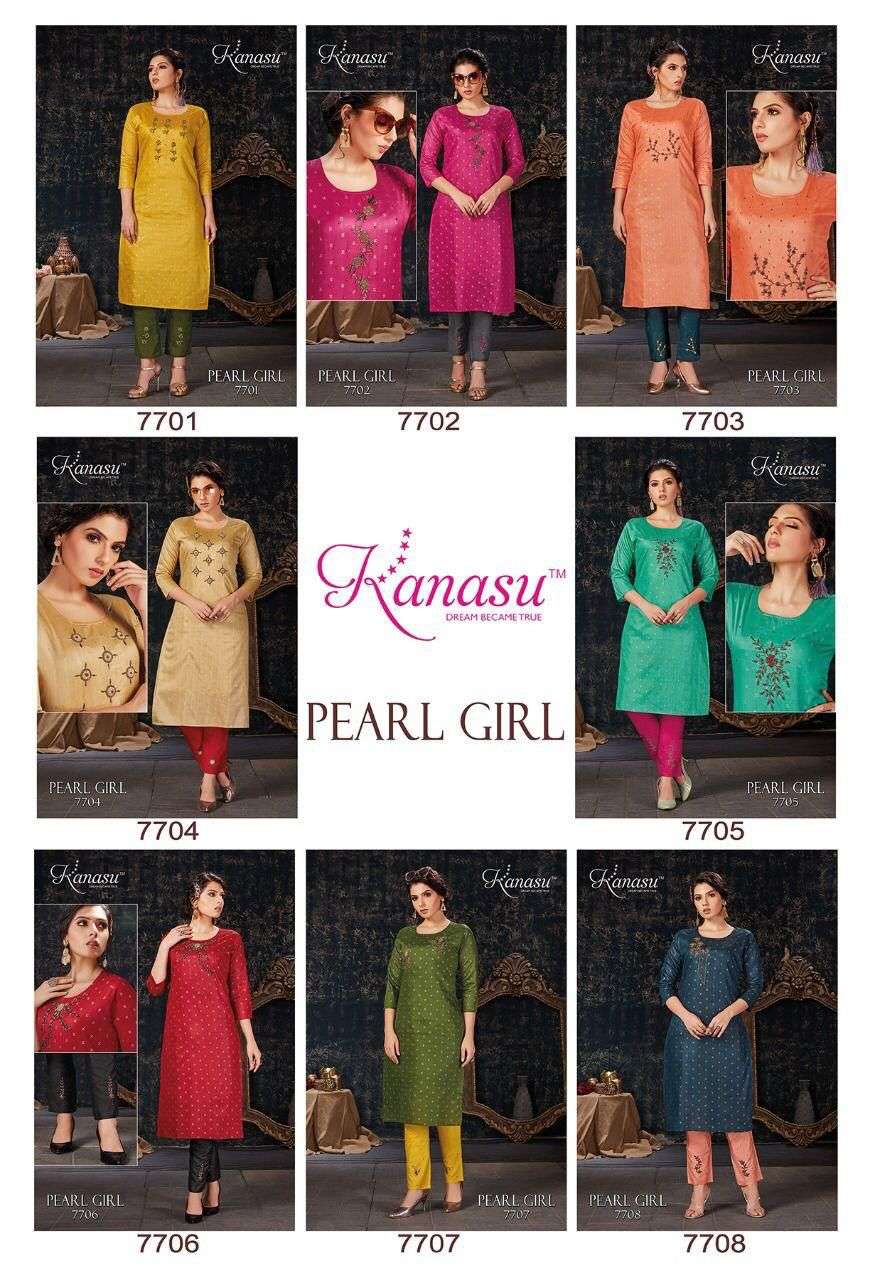 PEARL GIRL BY KANASU 7701 TO 7708 SERIES DESIGNER STYLISH FANCY COLORFUL BEAUTIFUL PARTY WEAR & ETHNIC WEAR COLLECTION CHANDERI SILK WITH WORK KURTIS WITH BOTTOM AT WHOLESALE PRICE