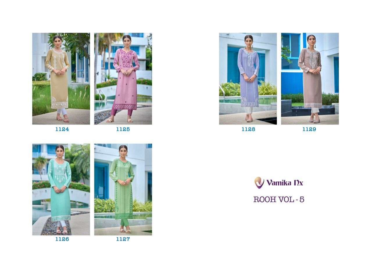 ROOH VOL-5 BY VAMIKA 1124 TO 1129 SERIES DESIGNER STYLISH FANCY COLORFUL BEAUTIFUL PARTY WEAR & ETHNIC WEAR COLLECTION VISCOSE RAYON KURTIS WITH BOTTOM AT WHOLESALE PRICE