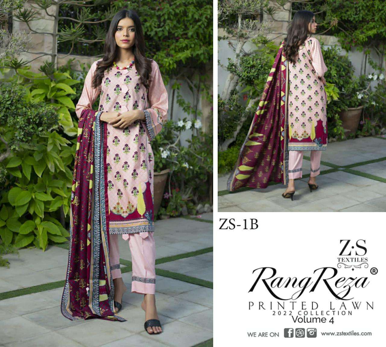 RANG REZA VOL-4 BY ZS TEXTILES 1-A TO 5-B SERIES INDIAN TRADITIONAL WEAR COLLECTION BEAUTIFUL STYLISH FANCY COLORFUL PARTY WEAR & OCCASIONAL WEAR PURE LAWN PRINT DRESSES AT WHOLESALE PRICE