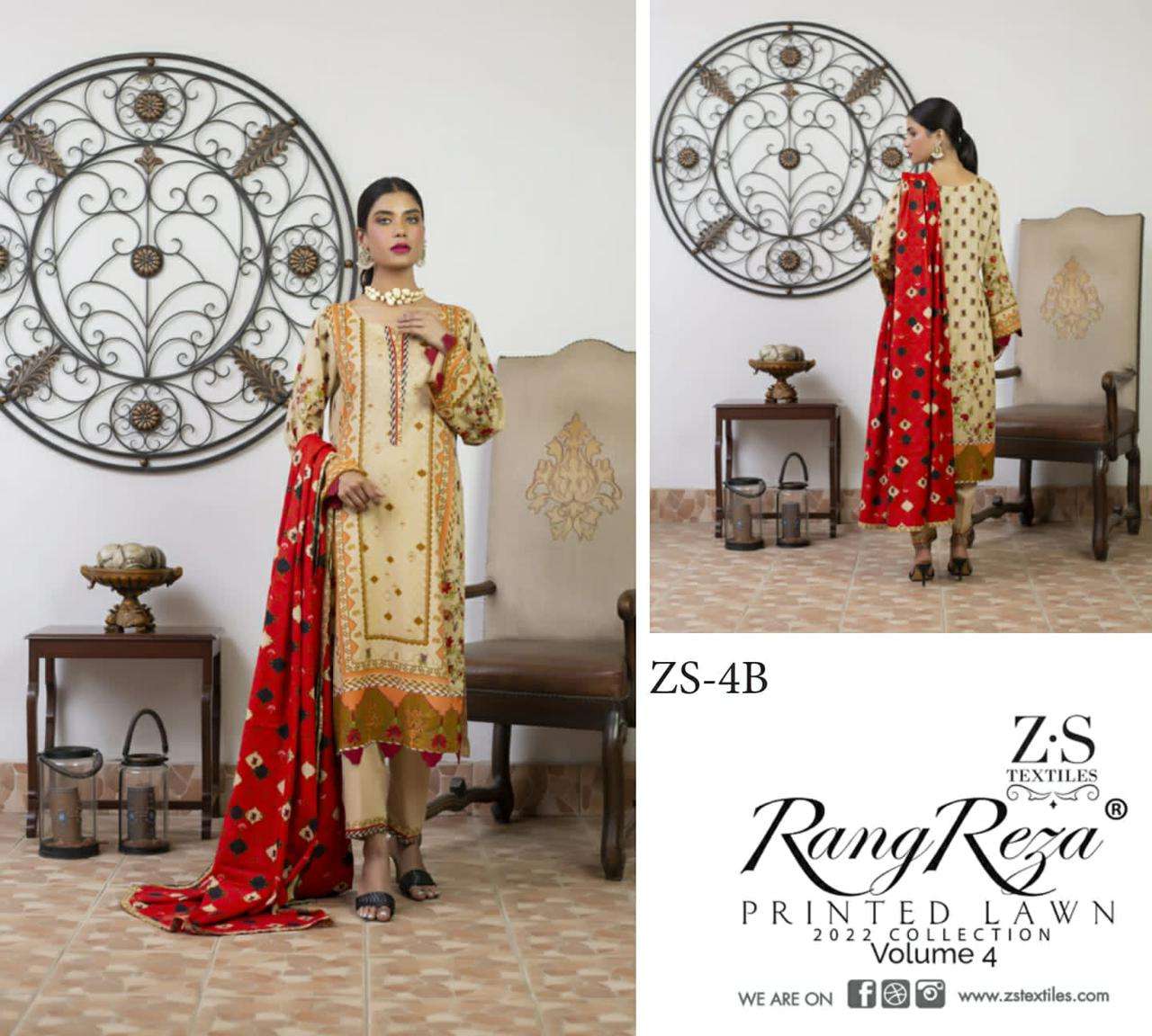 RANG REZA VOL-4 BY ZS TEXTILES 1-A TO 5-B SERIES INDIAN TRADITIONAL WEAR COLLECTION BEAUTIFUL STYLISH FANCY COLORFUL PARTY WEAR & OCCASIONAL WEAR PURE LAWN PRINT DRESSES AT WHOLESALE PRICE