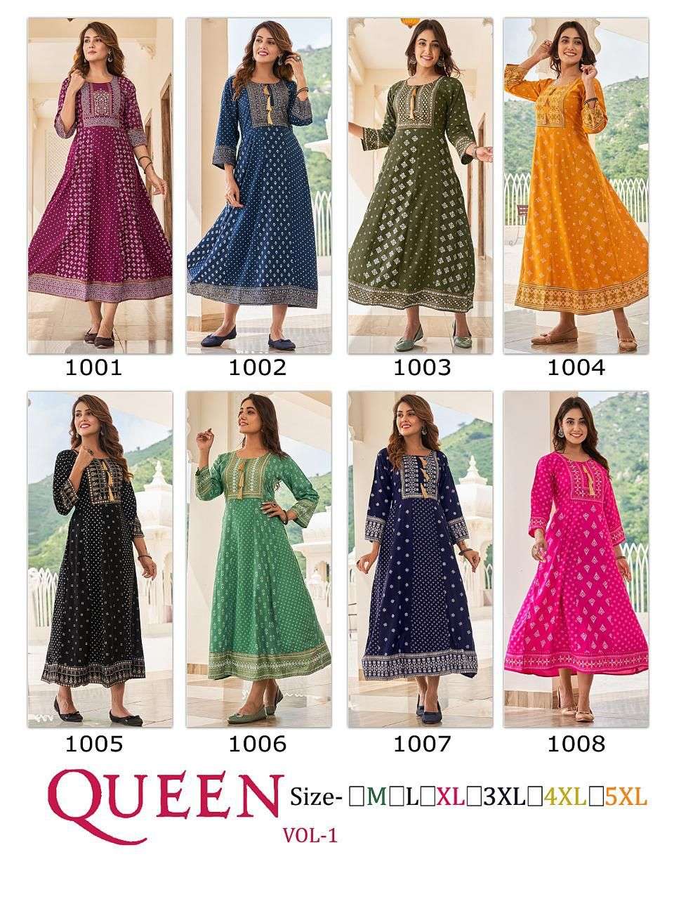 QUEEN VOL-1 BY BANWERY FASHION 1001 TO 1008 SERIES BEAUTIFUL STYLISH FANCY COLORFUL CASUAL WEAR & ETHNIC WEAR RAYON FOIL GOWNS AT WHOLESALE PRICE