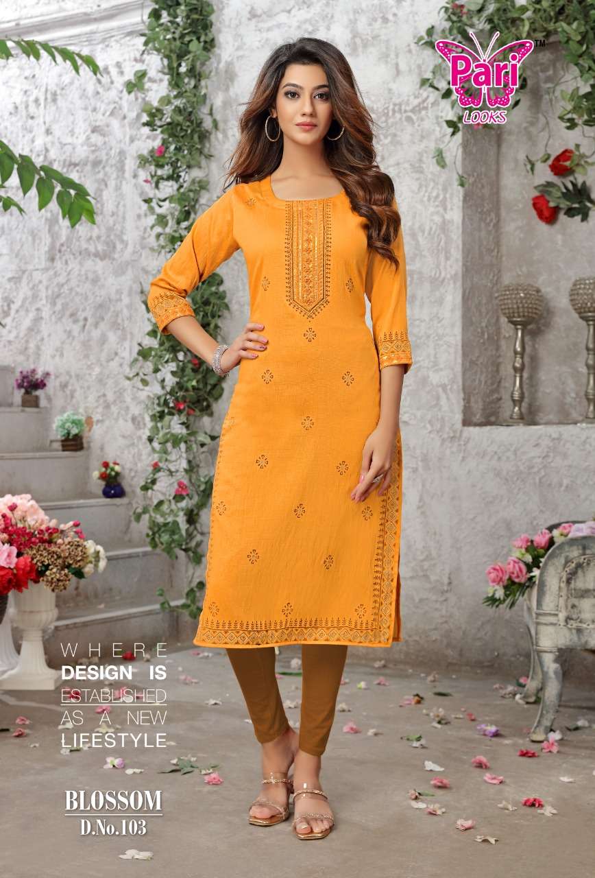 BLOSSOM BY PARI 101 TO 108 SERIES DESIGNER STYLISH FANCY COLORFUL BEAUTIFUL PARTY WEAR & ETHNIC WEAR COLLECTION VISCOSE RAYON KURTIS AT WHOLESALE PRICE