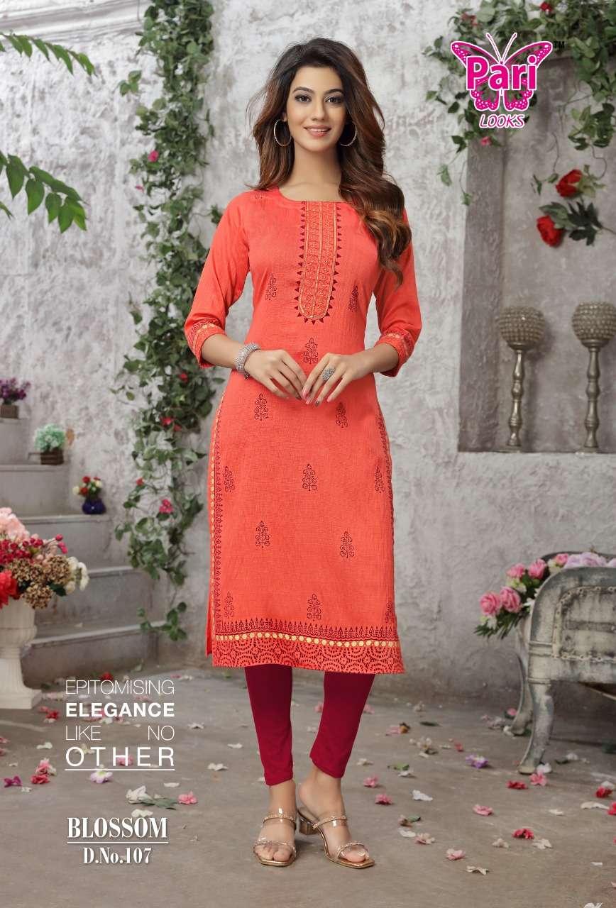 BLOSSOM BY PARI 101 TO 108 SERIES DESIGNER STYLISH FANCY COLORFUL BEAUTIFUL PARTY WEAR & ETHNIC WEAR COLLECTION VISCOSE RAYON KURTIS AT WHOLESALE PRICE