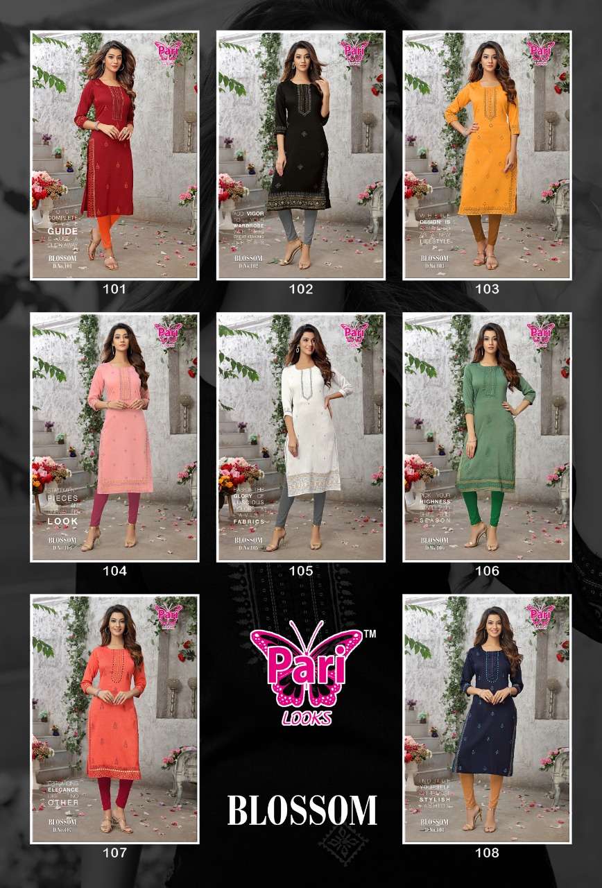 BLOSSOM BY PARI 101 TO 108 SERIES DESIGNER STYLISH FANCY COLORFUL BEAUTIFUL PARTY WEAR & ETHNIC WEAR COLLECTION VISCOSE RAYON KURTIS AT WHOLESALE PRICE