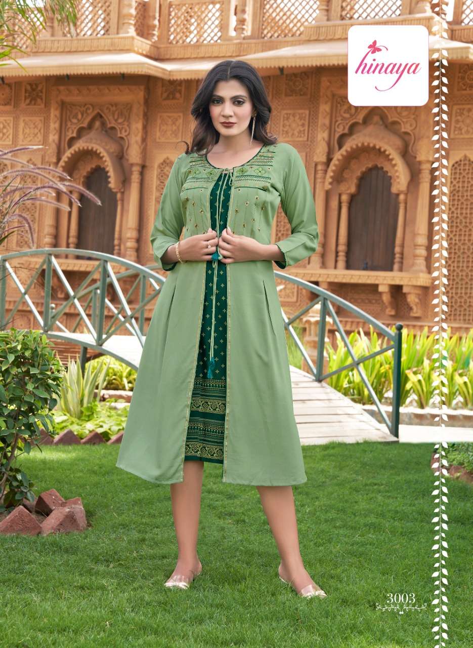 ANAYSHA VOL-3 BY HINAYA 1001 TO 1004 SERIES DESIGNER STYLISH FANCY COLORFUL BEAUTIFUL PARTY WEAR & ETHNIC WEAR COLLECTION PURE RAYON KURTIS WITH JACKETS AT WHOLESALE PRICE